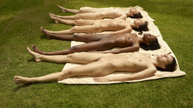 Cuatro bellezas impresionantes se desnudan junto a la piscina para el fotógrafo